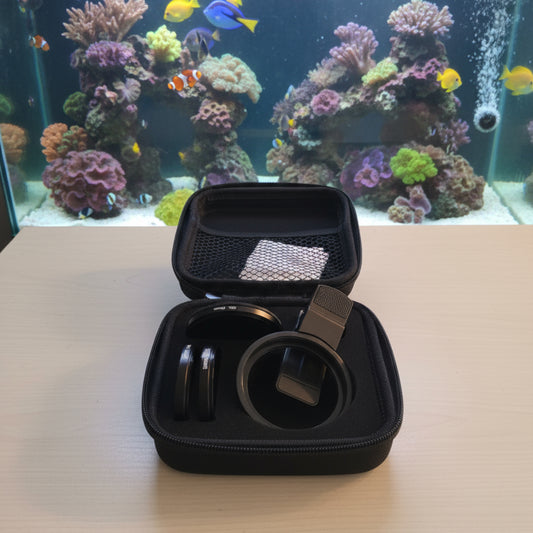 Black case with coral lens and filters