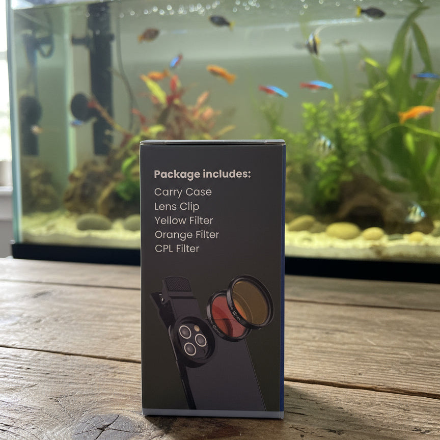 Box packaging for camera lens filters with text on a neutral background