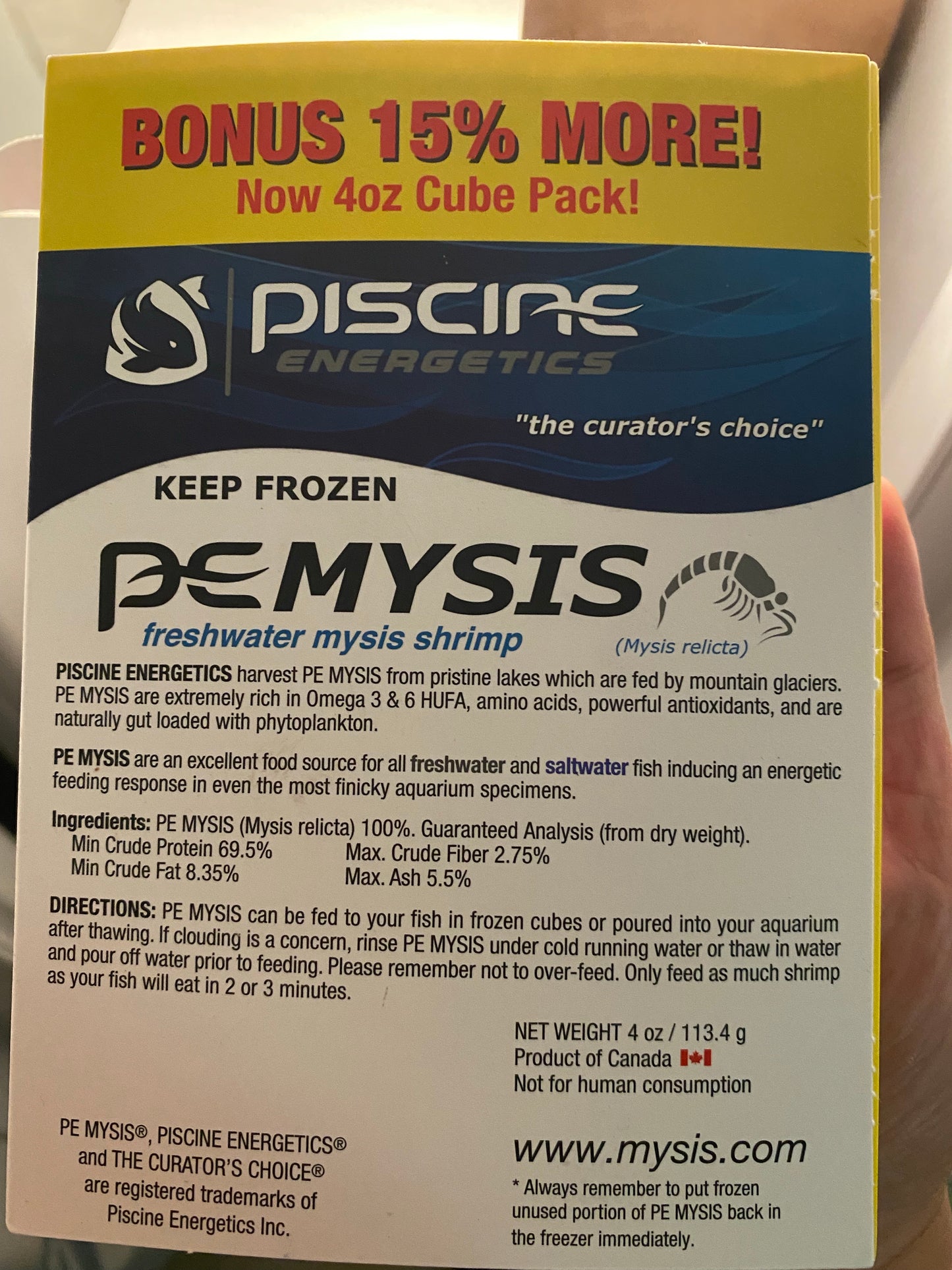Piscine Energetics, Mysis shrimp, frozen fish food (Local Sales Only)