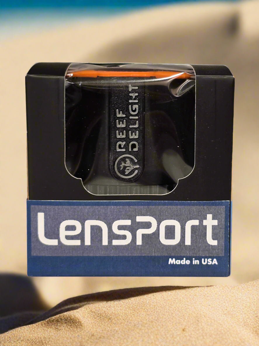 Lensport packaging with a lens inside, on a light gray background