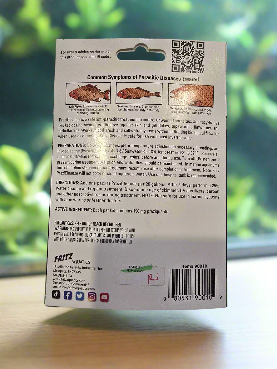 back of box of prazicleanse fish medication on table